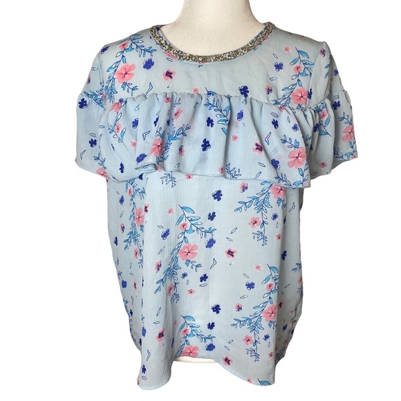 Juicy Couture Top Medium Rain Floral Ruffle Blouse Rhinestone Neck - Picture 2 of 15
